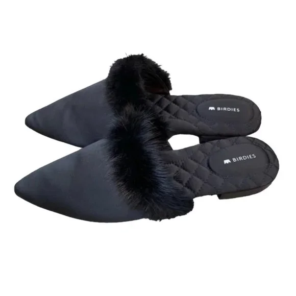 Birdies The Dove Onyx Womens Fur Pointed Toe Slip On Mules, Brand New In Box - Picture 3 of 5